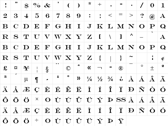 Engravers MT Regular  glyph index