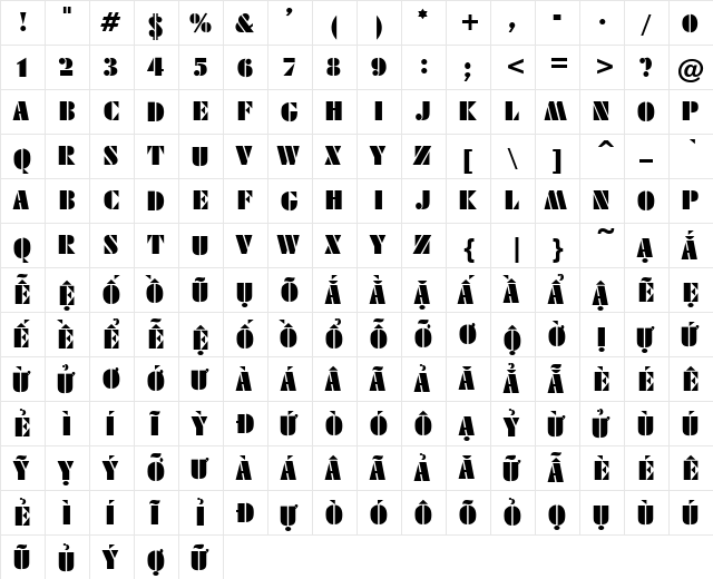 VI Bang Lang Hoa Normal  glyph index