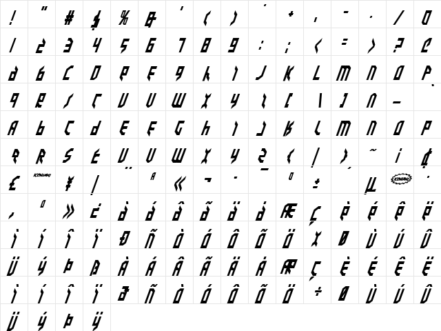 Valkyrie Bold Italic Bold Italic  glyph index