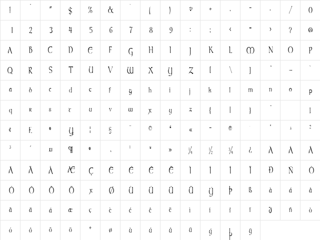 MoravianCondensed Regular  glyph index