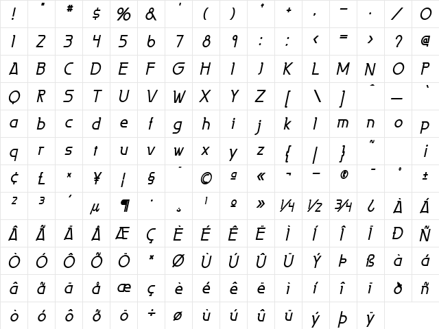 Persia-Condensed Bold Italic  glyph index