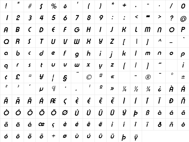 GE Expression Bold Italic  glyph index