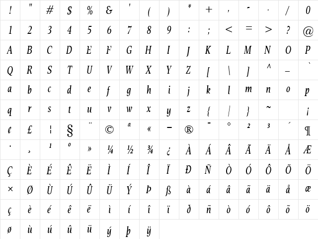 Esperanto Cond Italic  glyph index