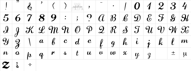 LaurenScript Regular  glyph index