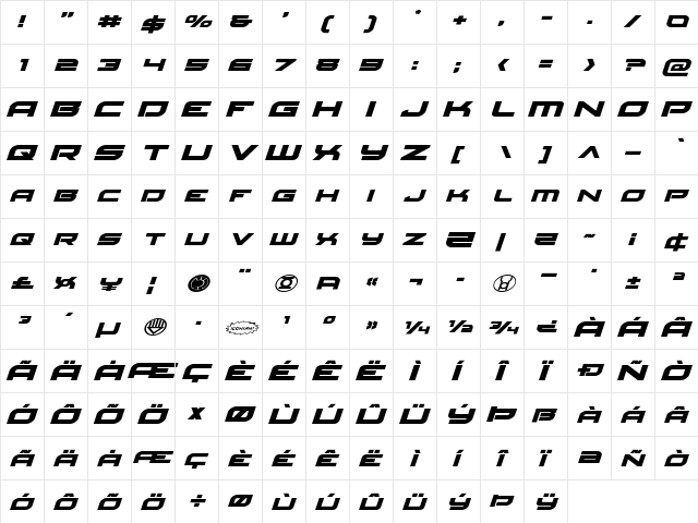 Red Rocket Expanded Italic Expanded Italic  glyph index