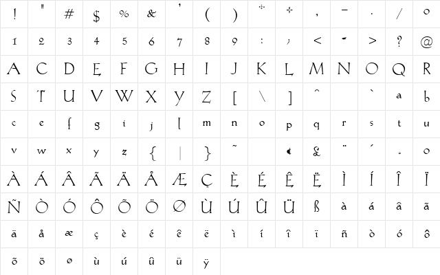 Evangel Regular  glyph index