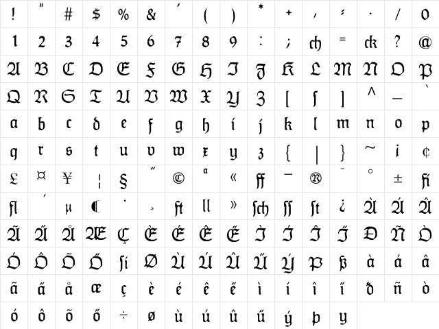 HumboldtFraktur Regular  glyph index