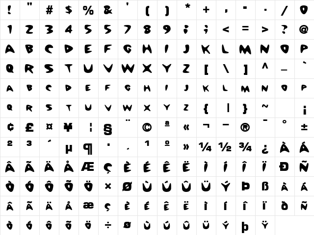 BarneyWay5 Bold  glyph index