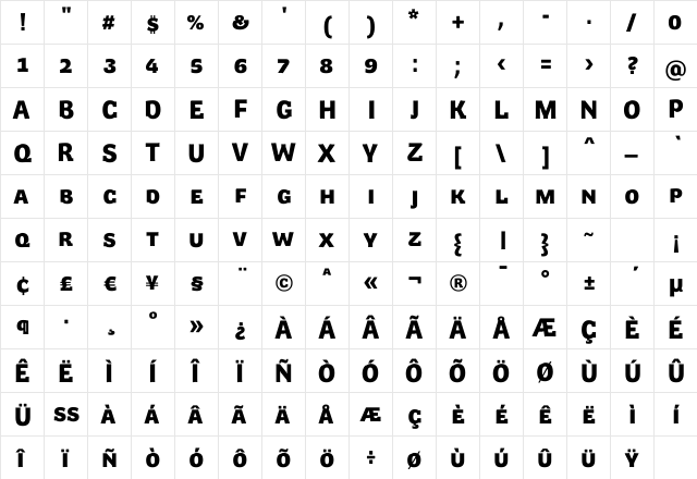 SpotkaBlack SC Regular  glyph index