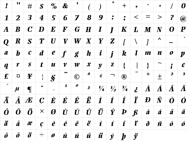 Ellington Extra Bold Italic  glyph index