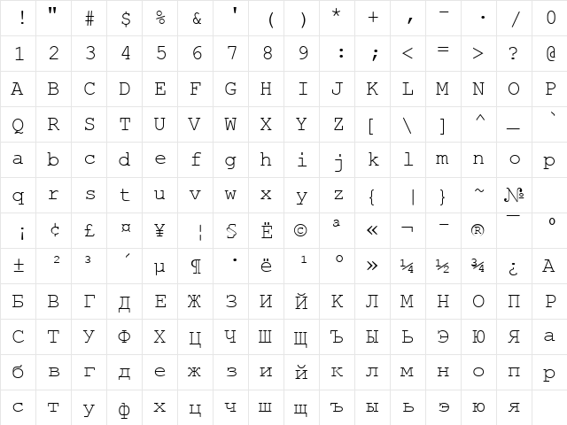 Bulgarian Courier Thin  glyph index