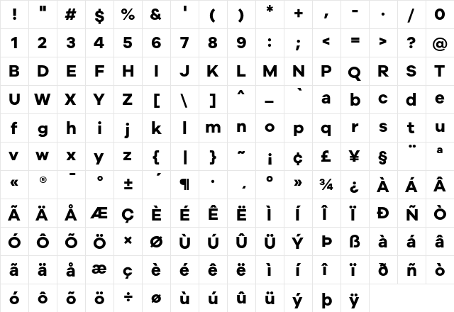 Galyon Bold Bold  glyph index