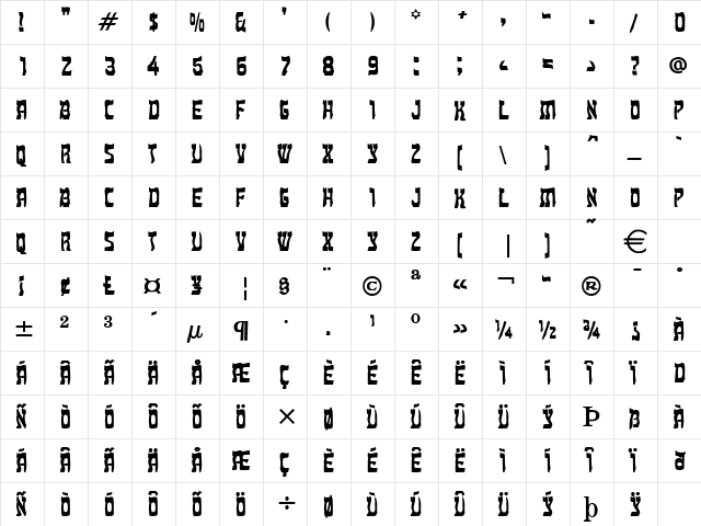 KosherCondensed Bold  glyph index