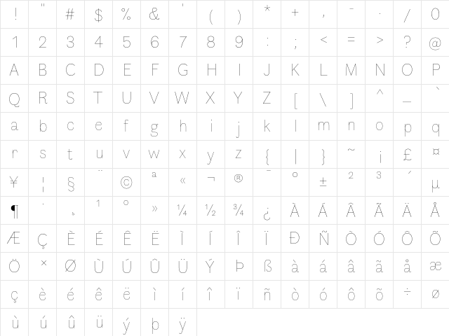 Faune Thin Regular  glyph index