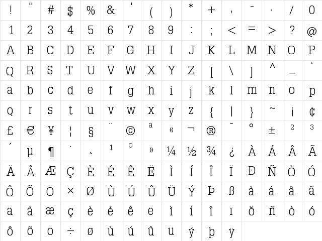TypoSlabserif-Light Regular  glyph index