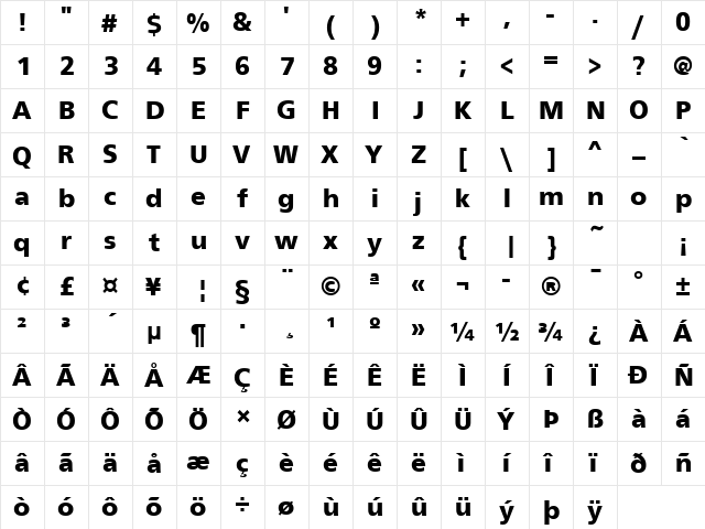 FrontPageLH Bold  glyph index