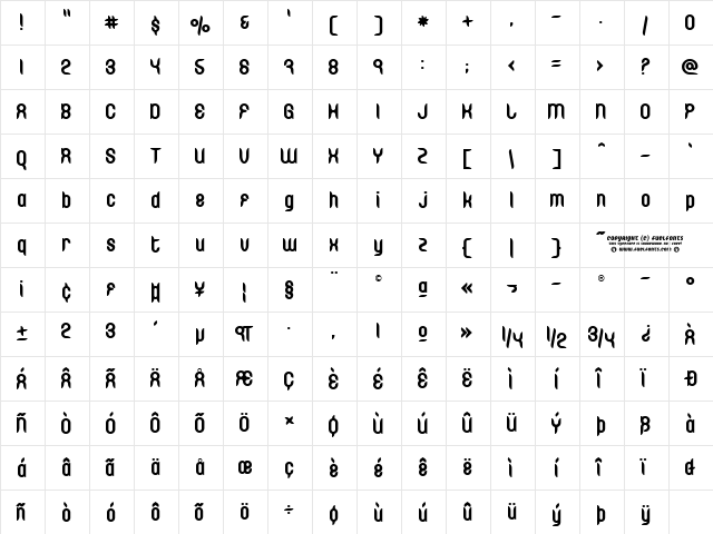 Dinghy Regular  glyph index