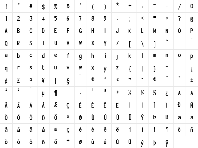 Sensor-Condensed Bold  glyph index