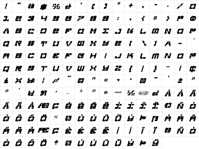 Vyper Pro Italic Italic  glyph index