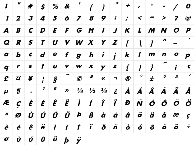 FuturaObl-Bold Regular  glyph index