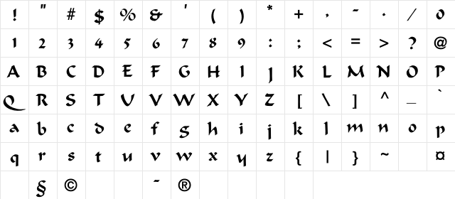 CalligrapherC Regular  glyph index