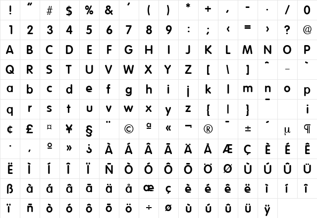 Volkswagen-Serial Bold  glyph index