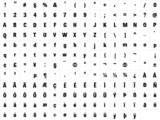 BrownExtraBold Regular  glyph index