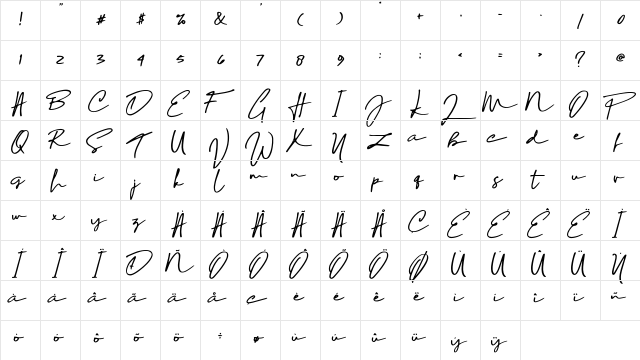Sophia Bella DEMO Signature  glyph index