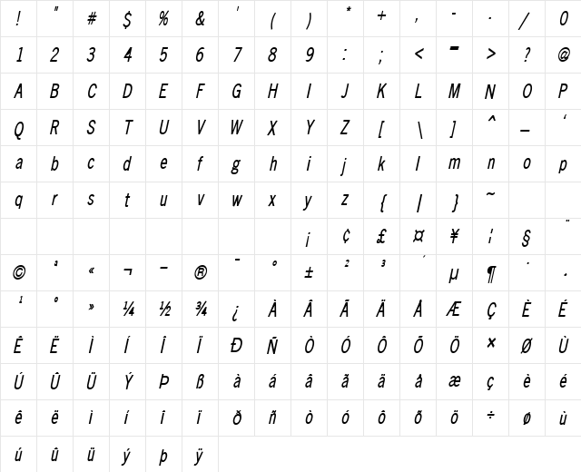 Matterhorn-Condensed Bold Italic  glyph index