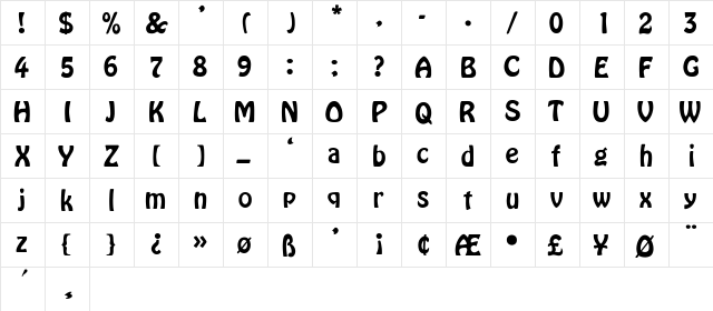 Pittsfield Bold Regular  glyph index