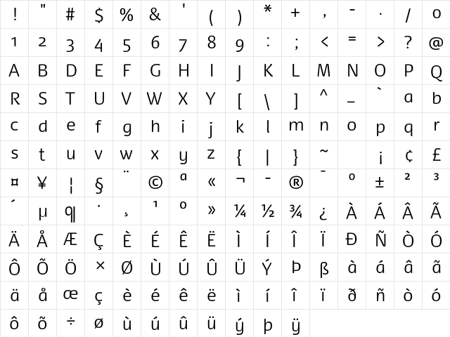 Dancer Pro Light  glyph index