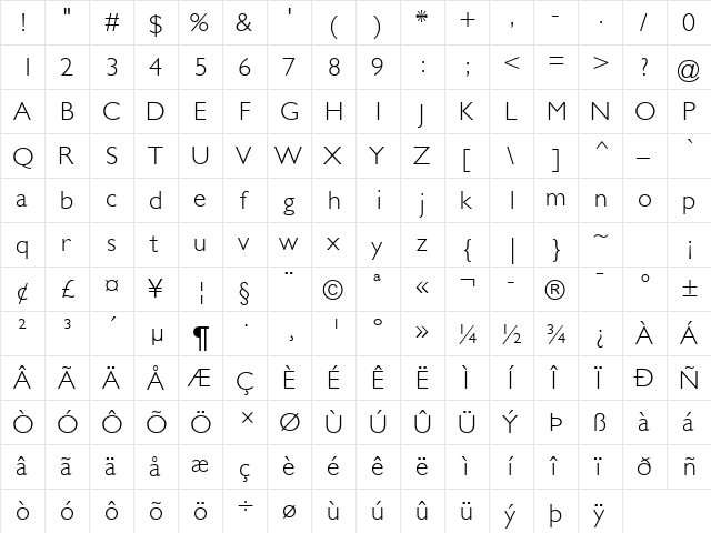 GillSans Light Regular  glyph index