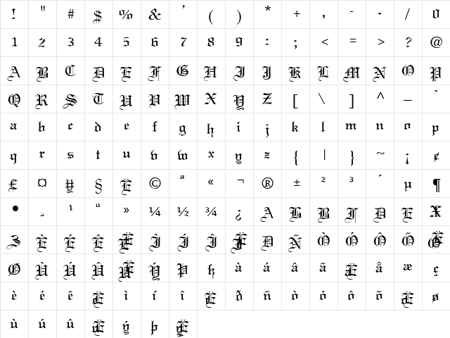 Lincoln Cyr Regular  glyph index