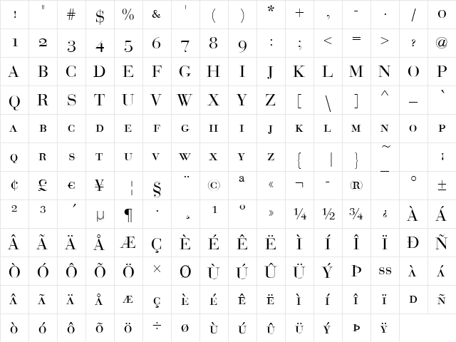 Bodoni-Display-Caps Regular  glyph index