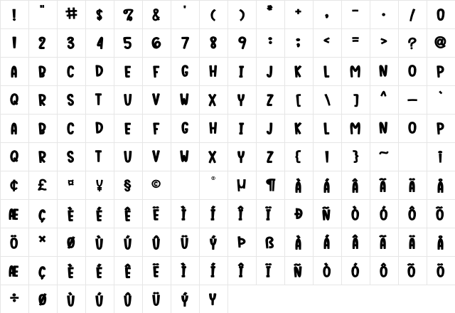 Mercoone Regular  glyph index