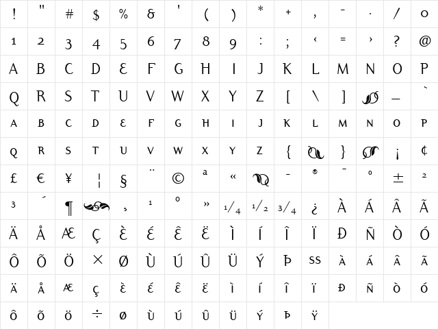 Dyadis ITC Book  glyph index
