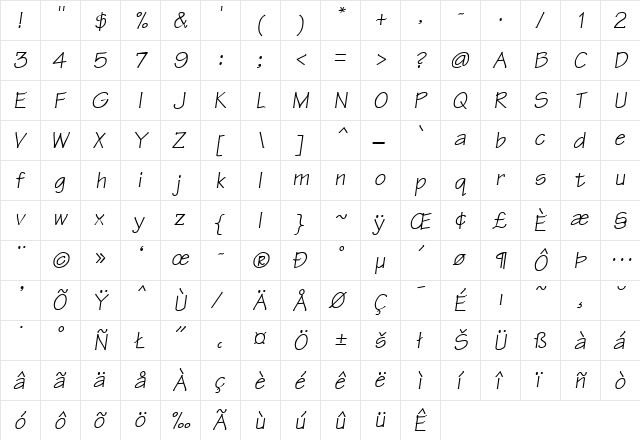 Tekton-Oblique Regular  glyph index