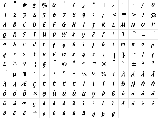 Freehand 471 Regular  glyph index