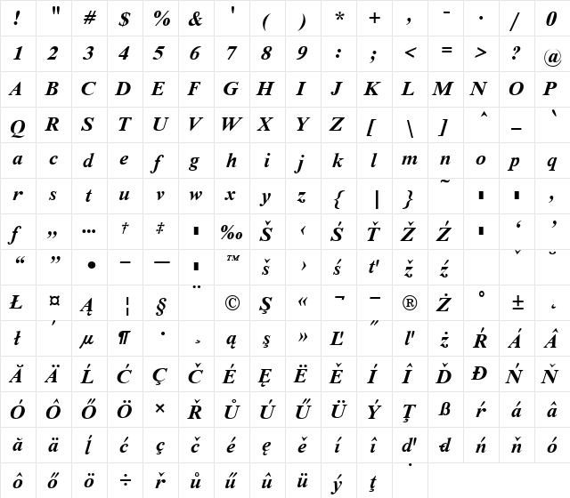 TmsEe Bold Italic  glyph index