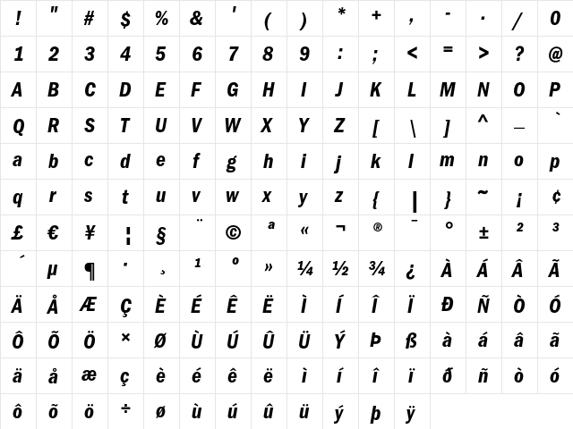 ITC Franklin Gothic LT Demi Condensed Italic  glyph index