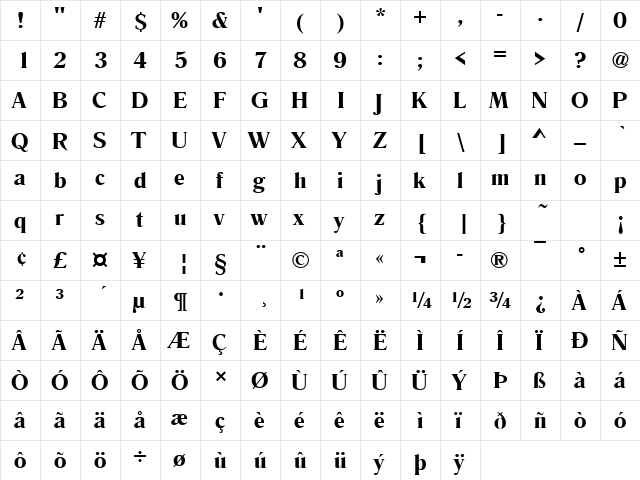 Romana Becker Demi Regular  glyph index