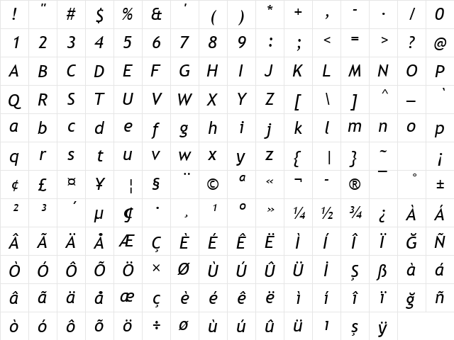 Trebuchet MS Digiscream Italic  glyph index