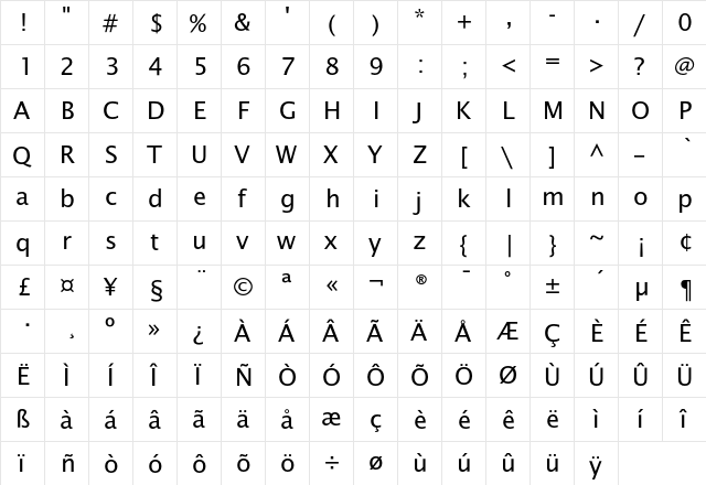 LucidaSansEF Roman  glyph index