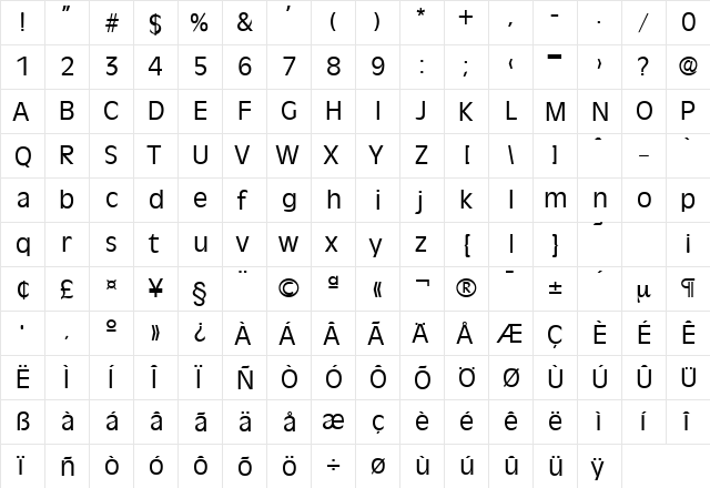 Ravenna-Serial Regular  glyph index