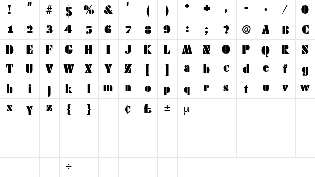 CadoDisplaySSK Regular  glyph index