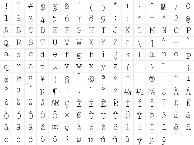 Typo Writer Light Demo Regular  glyph index