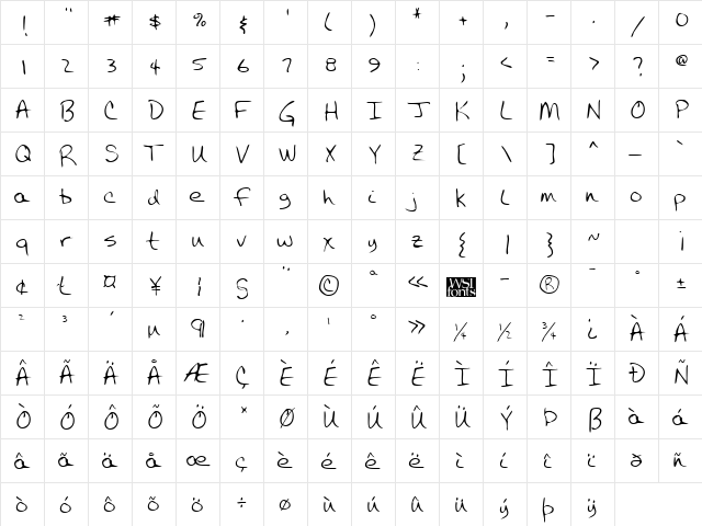 CalvinsHand Regular  glyph index
