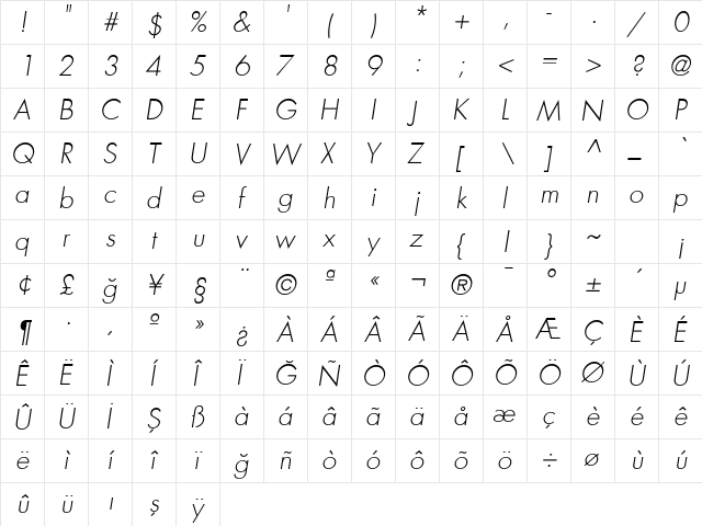 FuturaLightItalic Regular  glyph index