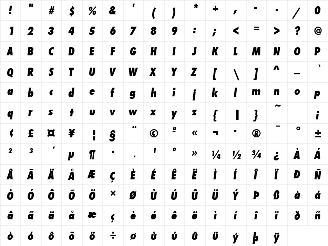 FuturaTExtBolCon Italic  glyph index