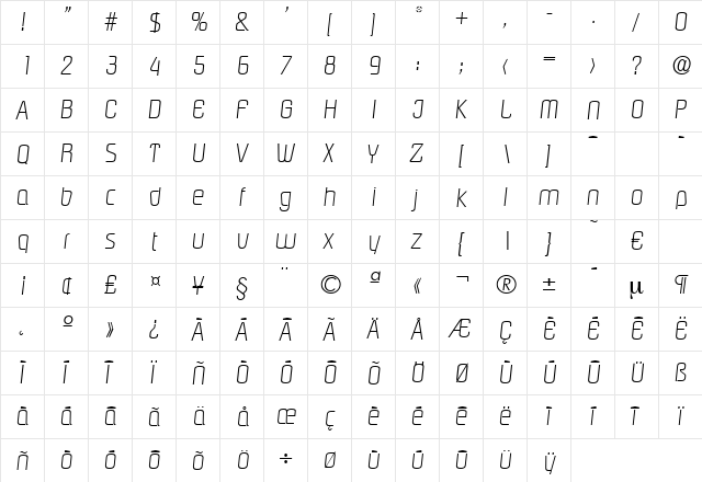 Pasadena-XlightIta Regular  glyph index